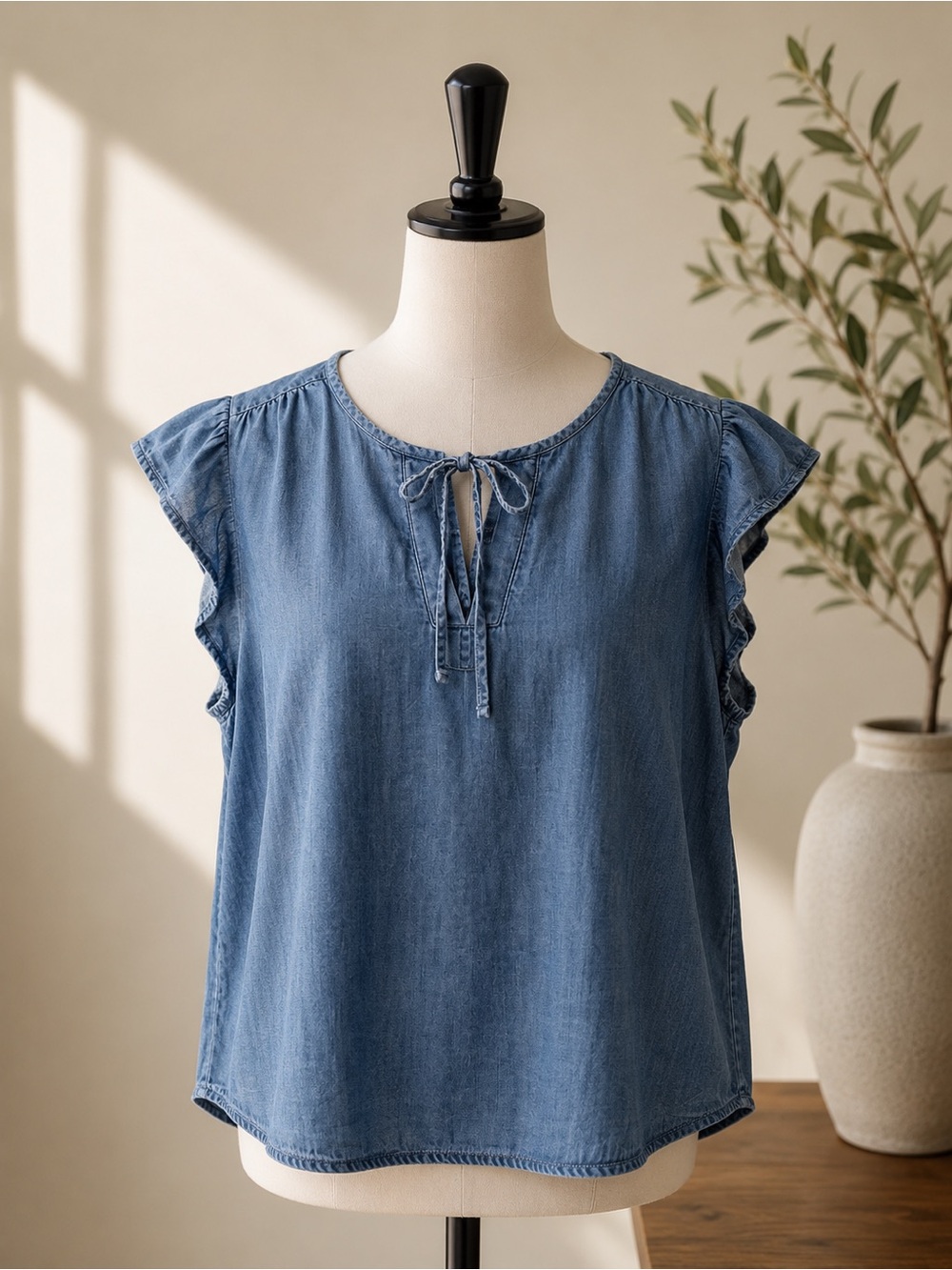 Denim Tie-Front Chambray Ruffle Cap-Sleeve Tunic